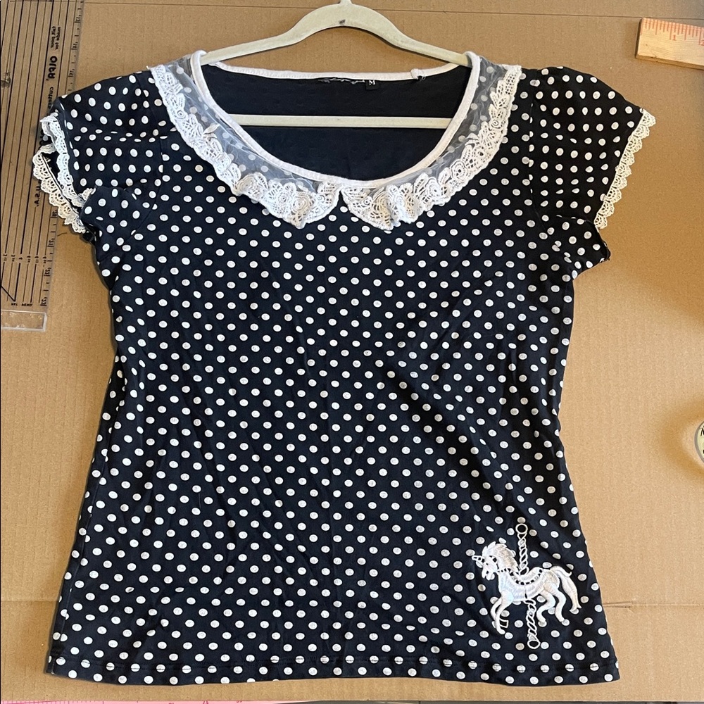 Black Polka Dot Lace Collar Tee with Carousel Horse Accent